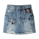 Women's Light Wash Denim Skirt with Graffiti Splatter & Embroidered Patches