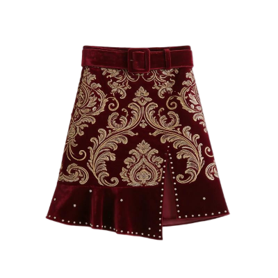 Women's Blue Denim Skirt with Geometric Pattern & O-Ring Waist Accents